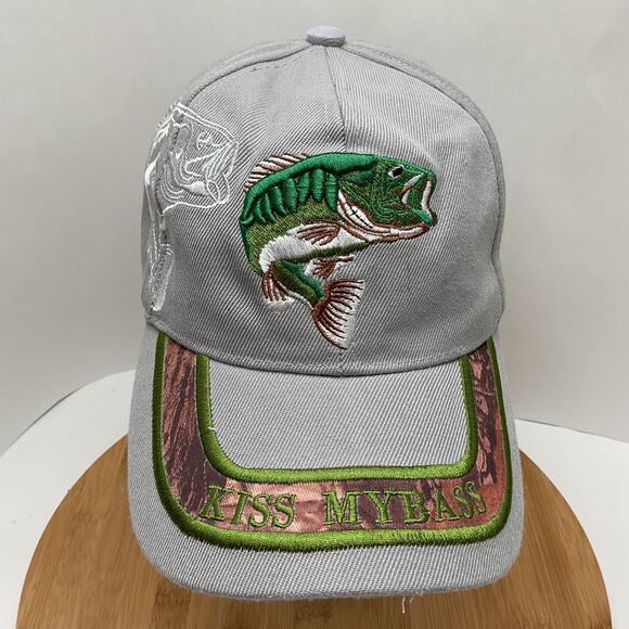 Kiss My Bass Embroidered Fishing Grey and Camo Adjustable BaseBall Cap - Picture 1 of 7